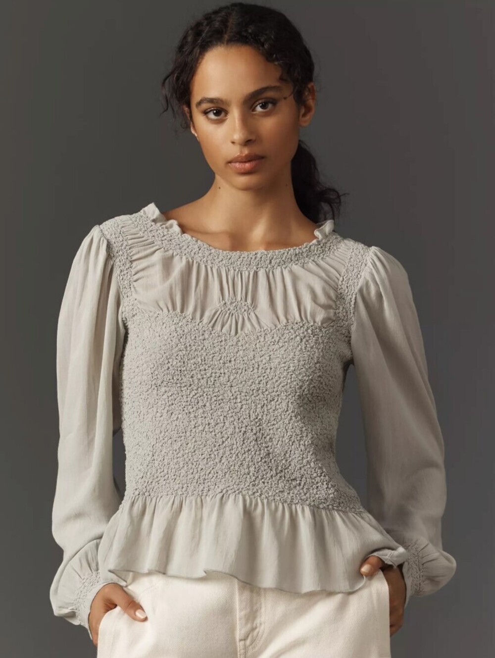 Anthropologie Creamy White Balloon-Sleeve Smocked Peplum Blouse - Size - Small